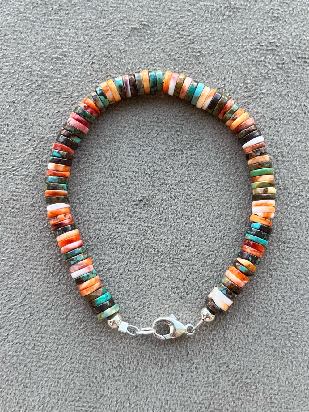 Sterling Silver Genuine Multicolor Turquoise And Spiny Oyster Bead Bracelet